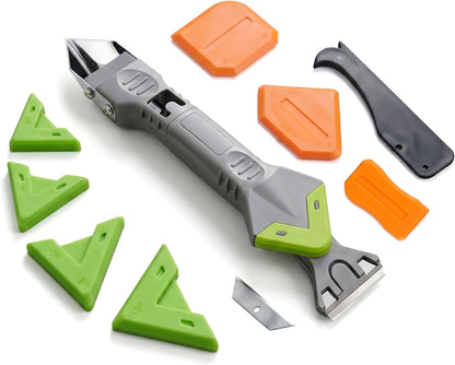 5-in-1 Caulking Tool Kit, Stainless Steel Caulk Remover & Silicone Sealant Finishing Tool with 5 Replaceable Radius Pads, Grout Removal & Scraper Tool for Bathroom, Kitchen, Tile, Window, Sink
