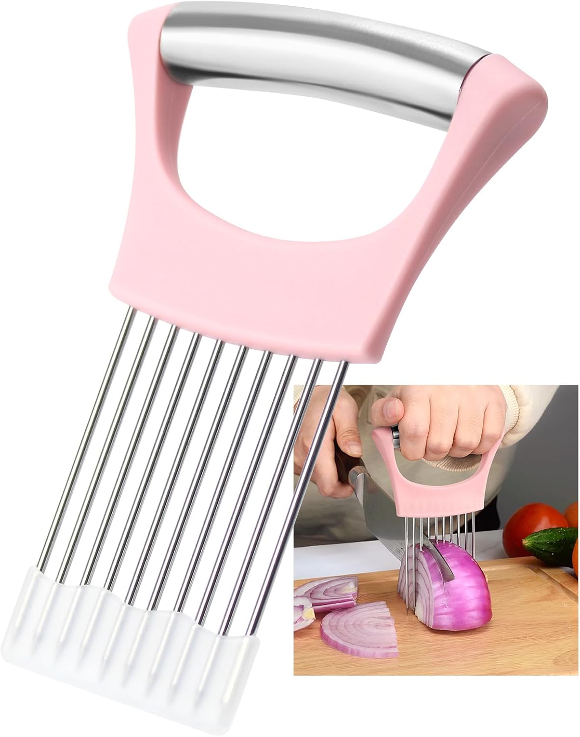 Stainless Steel Onion Holder for Slicing,Onion Slicer Holder,Kitchen Gadget | Green Onion Slicer Holder, Onion Cutter for Slicing of Onions, Tomatoes, Avocados, Eggs and Other Vegetables