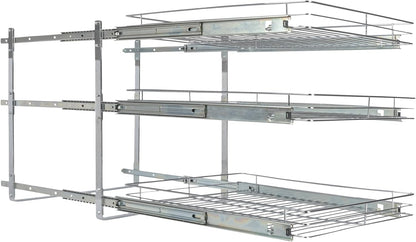 Household Essentials Glidez Multipurpose Chrome-Plated Steel Pull-Out/Slide-Out Storage Organizer for Cookware and Bakeware - 2-Tier Design - Fits Standard Size Cabinet or Shelf, Chrome