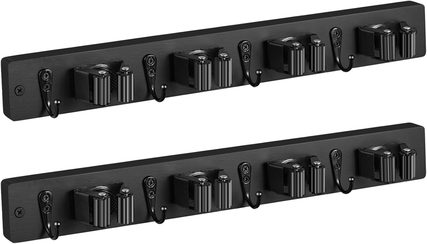 OUTNILI Mop and Broom Holder Wall Mount - Wood Broom Mop Hanger - Wall Mounted Garden Tool Rack Organizer for Closet Garage Laundry Room, Rustic Kitchen Decor With 4 Slots & 4 Hooks