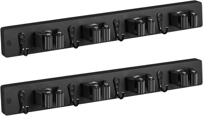 OUTNILI Mop and Broom Holder Wall Mount - Wood Broom Mop Hanger - Wall Mounted Garden Tool Rack Organizer for Closet Garage Laundry Room, Rustic Kitchen Decor With 4 Slots & 4 Hooks