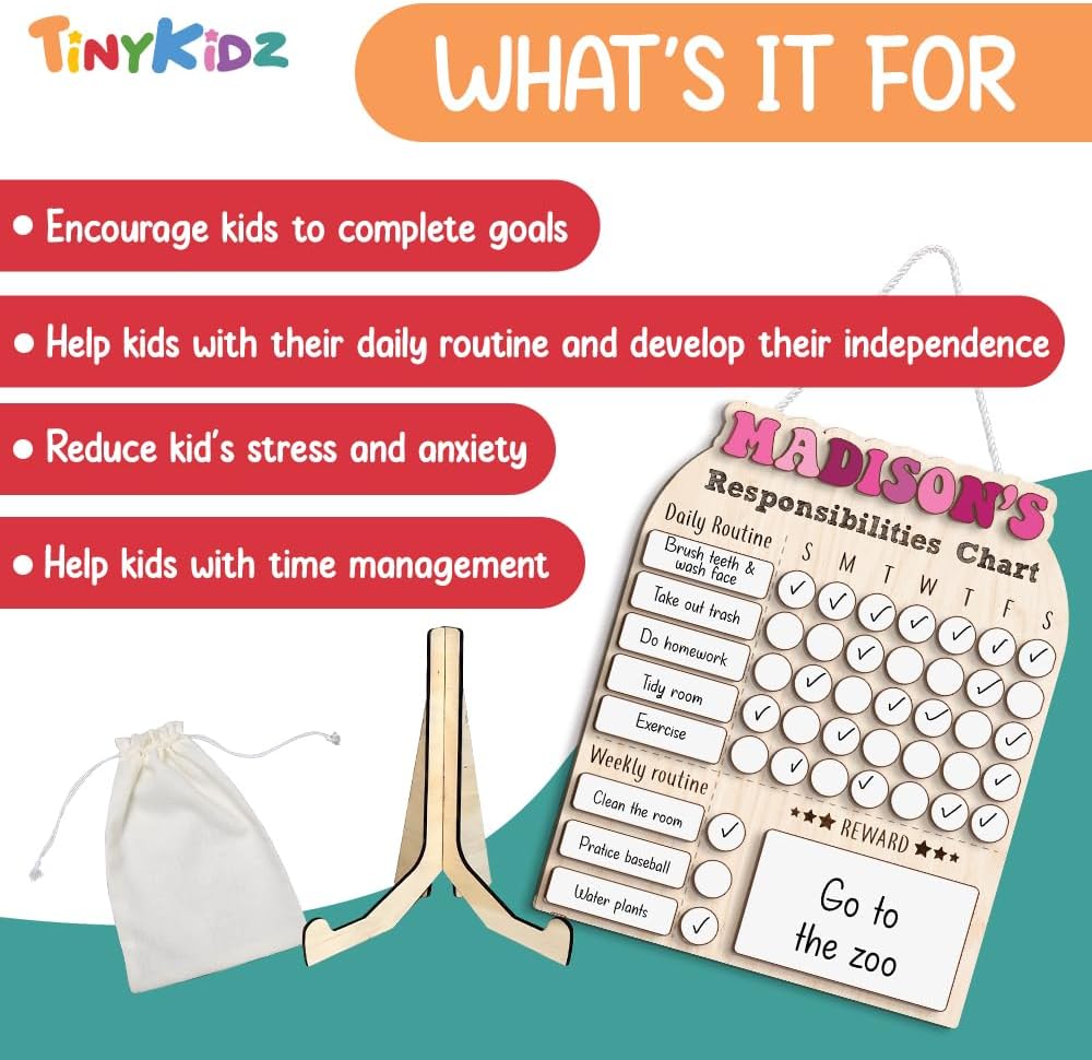 TinyKidz Wooden Daily Routine Chart 11x15, Schedule Board for Kids, Wooden Chore Chart for Kids, Responsibilities Chart for Toddlers, Morning Bedtime Routine for Toddlers