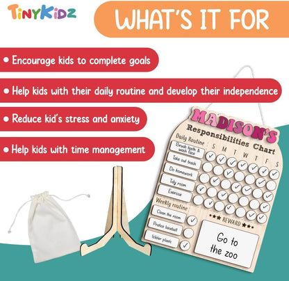 TinyKidz Wooden Daily Routine Chart 11x15, Schedule Board for Kids, Wooden Chore Chart for Kids, Responsibilities Chart for Toddlers, Morning Bedtime Routine for Toddlers