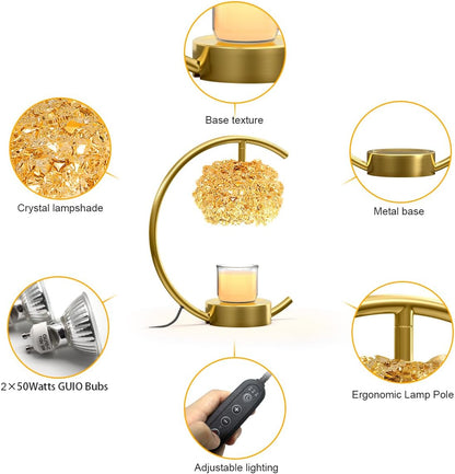 Yeuslor Gold Candle Warmer Lamp for Jar Candles with Adjustable Brightness＆Timer，Handcrafted Crystal＆Wooden Base, Luxurious Design,Home Decoration Electric Candle lamp(C-Shaped)