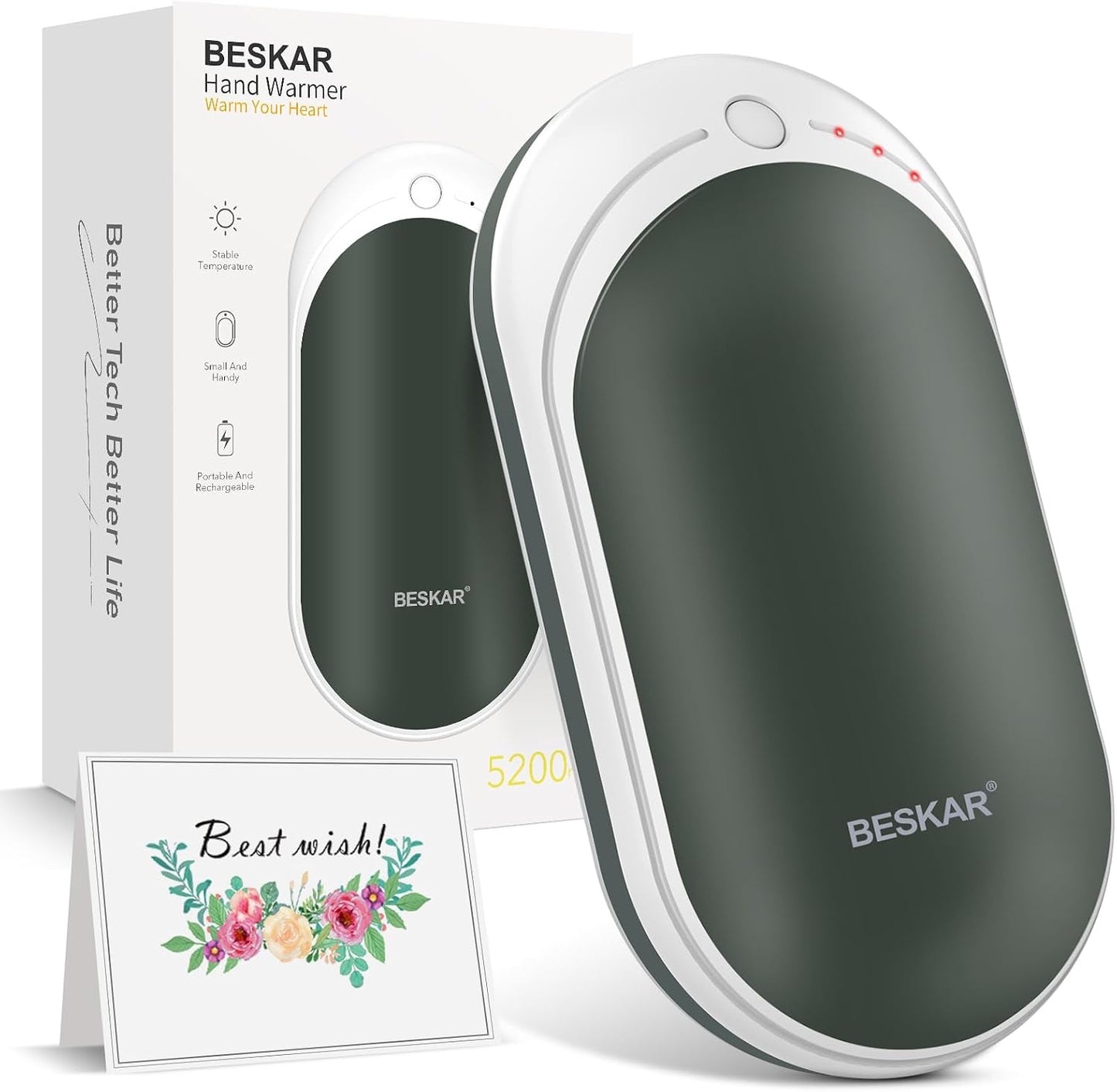 BESKAR Rechargeable Hand Warmer, 5200mAh Electric Hand Heater | Double Sided Heating, USB Quick Charge, Portable Pocket Hand Warmer for Outdoor, Golf, Raynauds