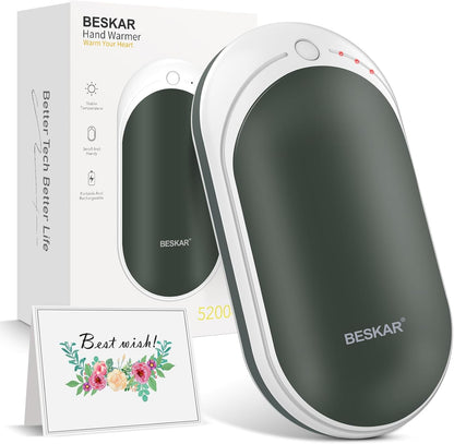 BESKAR Rechargeable Hand Warmer, 5200mAh Electric Hand Heater | Double Sided Heating, USB Quick Charge, Portable Pocket Hand Warmer for Outdoor, Golf, Raynauds