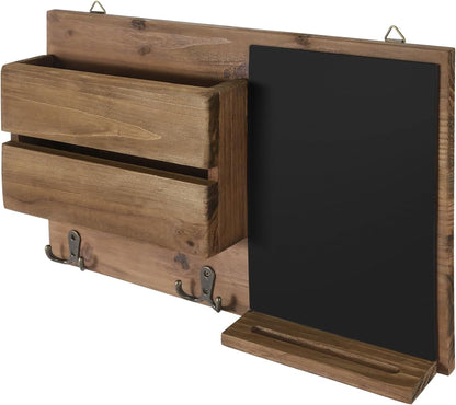 Flexzion Chalkboard Key Holder Wall Mount, Mail Organizer with Wood Shelf | Rustic Wood Entryway Message Center with Double Hooks and Mail Slot for Letters, Notes, Wallets and Daily Essentials