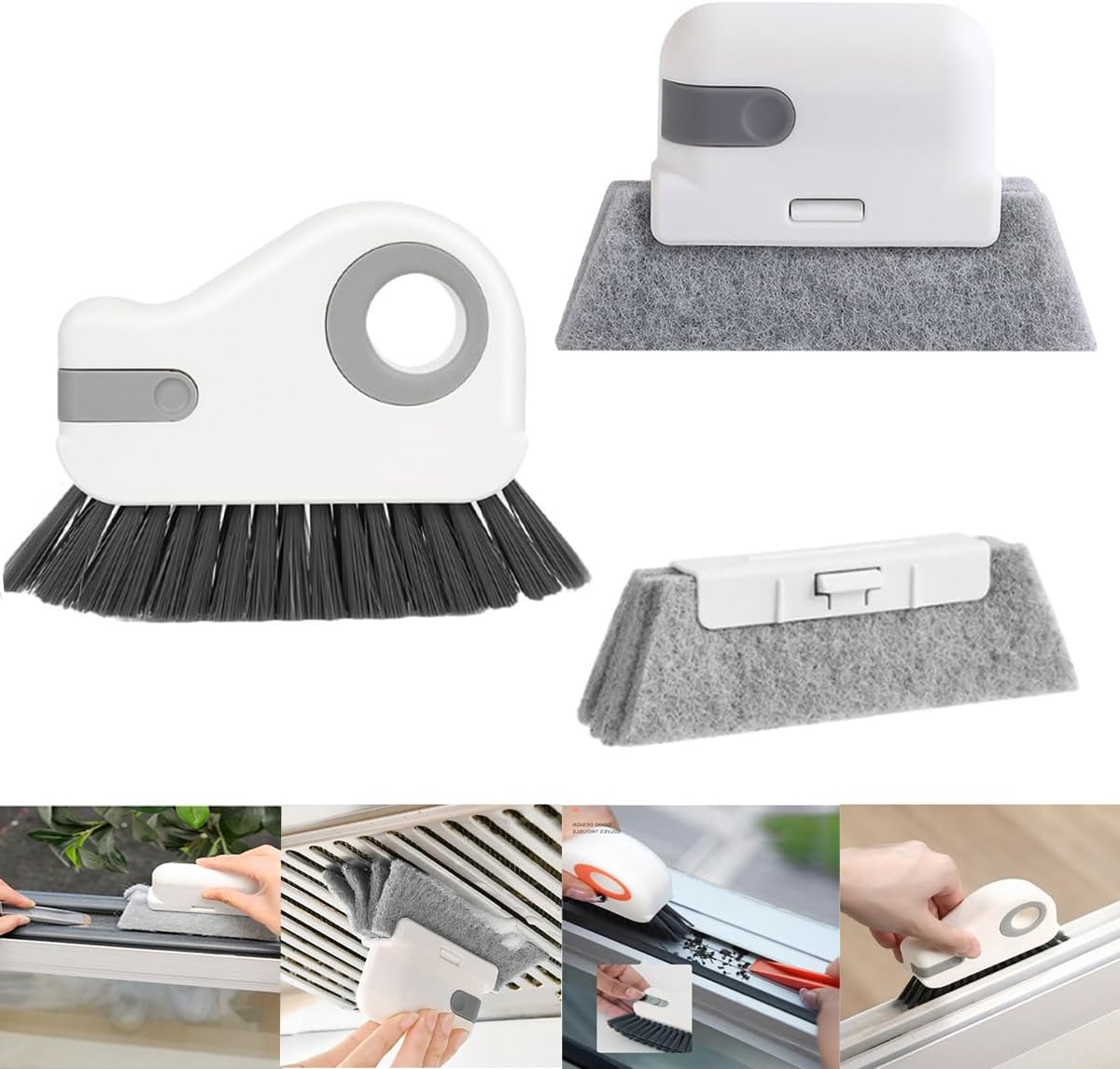 3pcs Gray Door and Window Track Cleaning Brush Set with Concealed Scraper
