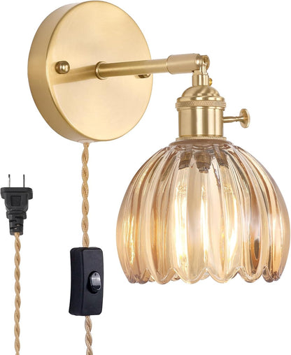 Shenmoyl Vintage Battery Operated Wall Sconce with Green Tulip Glass Lampshade Rechargeable Battery Powered Wall Light with Remote Control for Bedside Bedroom Doorway