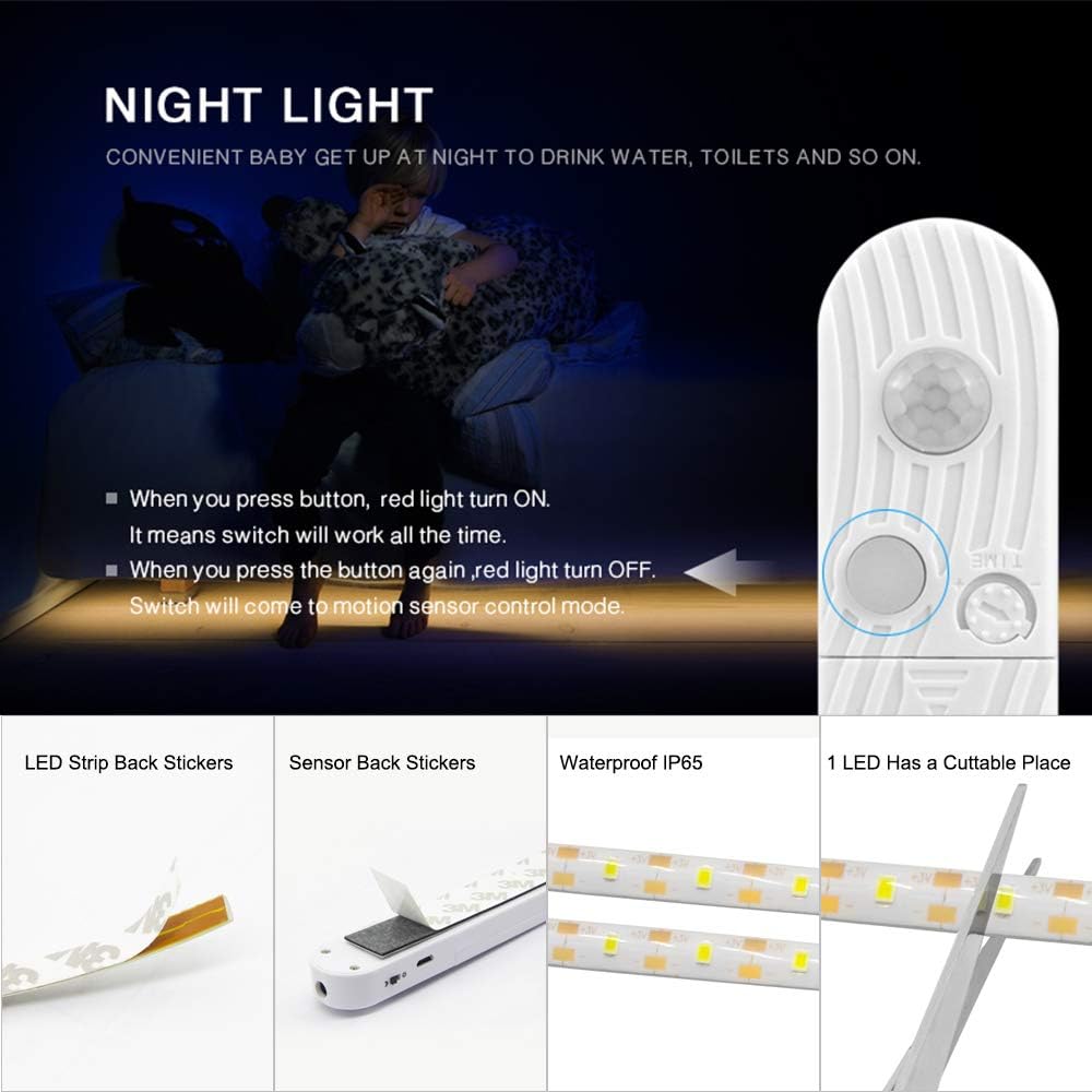 CFGROW LED Under Cabinet Lighting Motion Sensor, 10Ft Four Modes Bed Stairs Wardrobe Lamp Tape, Waterproof 5V USB LED Closet Night Strip Light for Indoor Home Bedroom Decor (Cold White, 3M x)