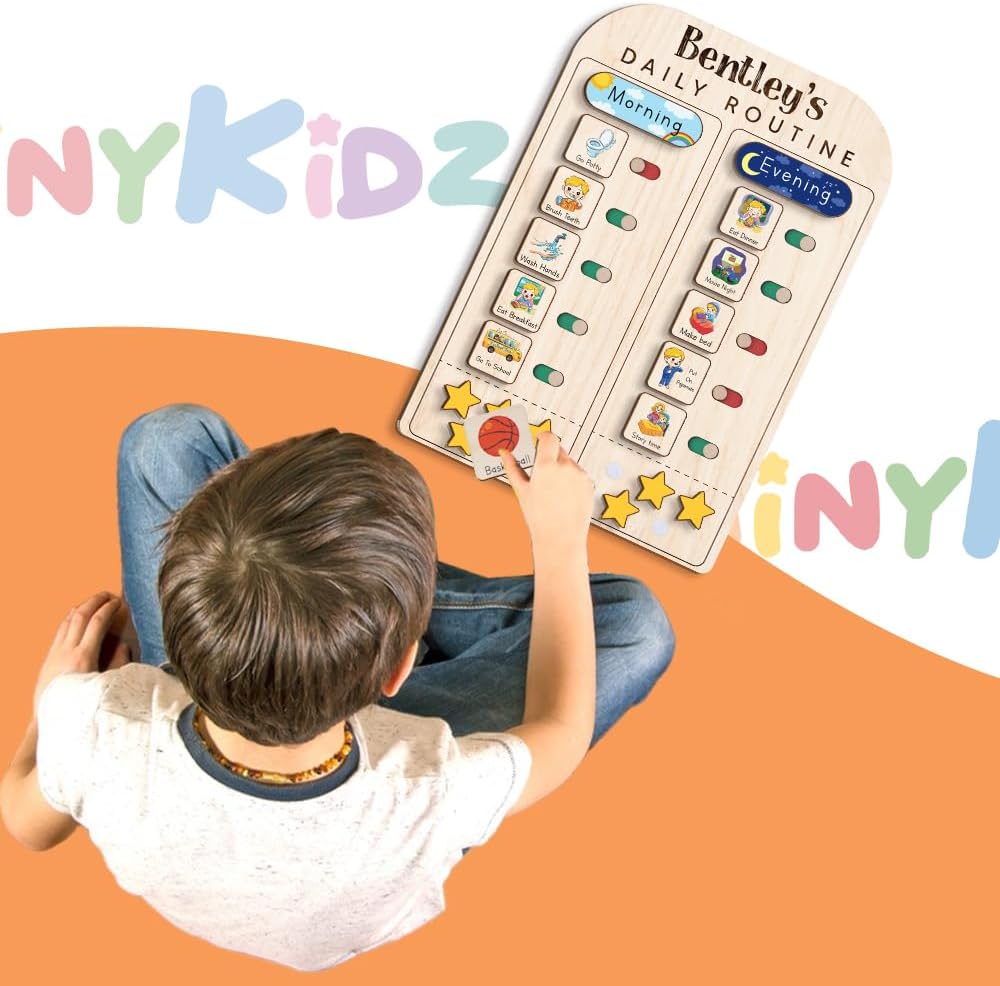 TinyKidz Wooden Daily Routine Chart 11x15, Schedule Board for Kids, Wooden Chore Chart for Kids, Responsibilities Chart for Toddlers, Morning Bedtime Routine for Toddlers