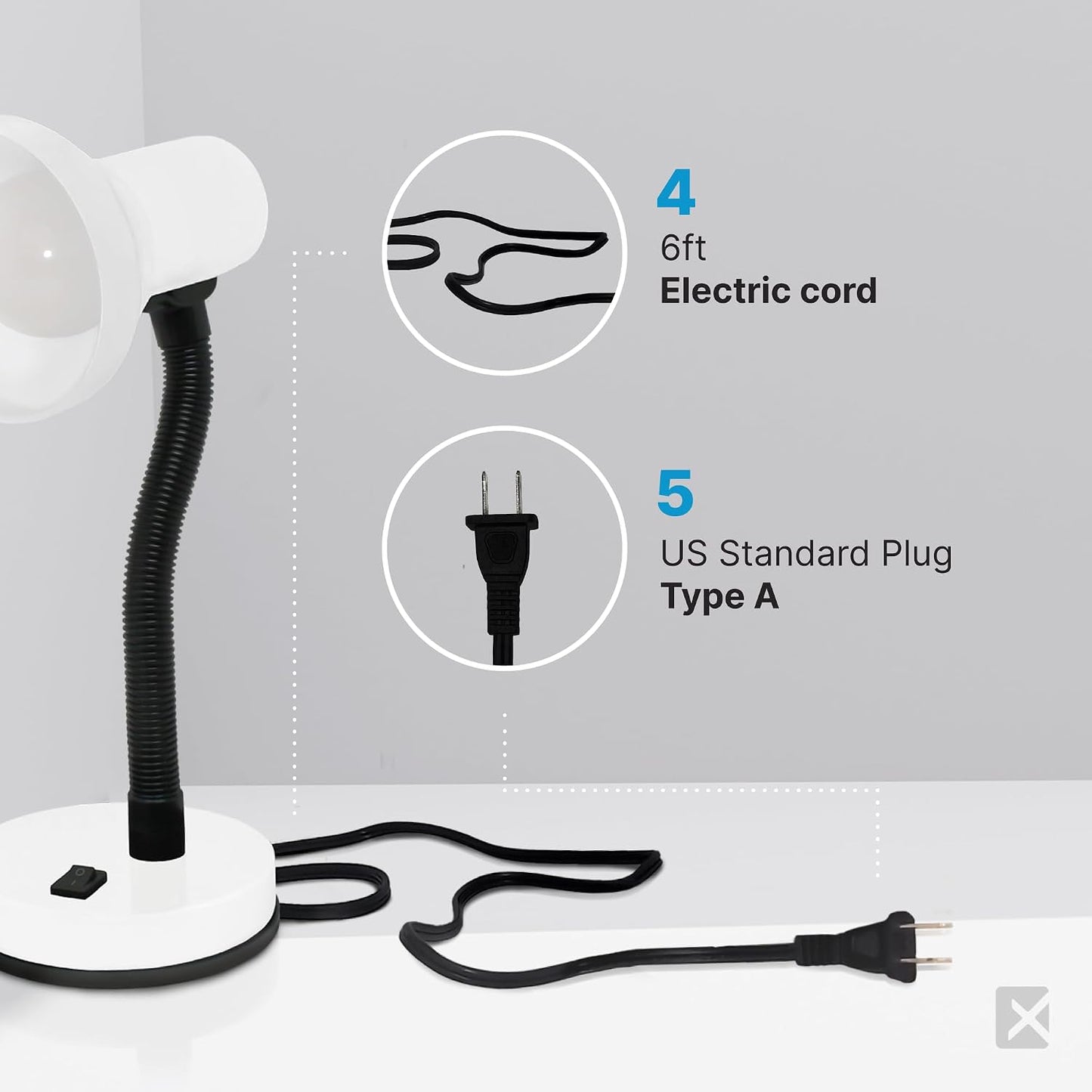 Xtricity LED Clip on Desk Lamp with 360° Flexible Gooseneck, White Finish | Reading Light for Bed Headboard– A19 Bulb Included, 120V, On/Off Switch, 10.25” Height Table Lamp