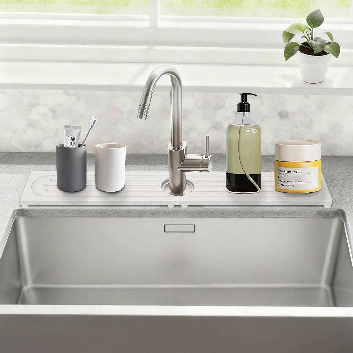 24 Inch Kitchen Sink Splash Guard, Sink Splash Guard Behind Faucet, Silicone Faucet Handle Drip Catcher Tray Mat for Kitchen, Bathroom Counter, Dark Gray, 23.6" x 4"