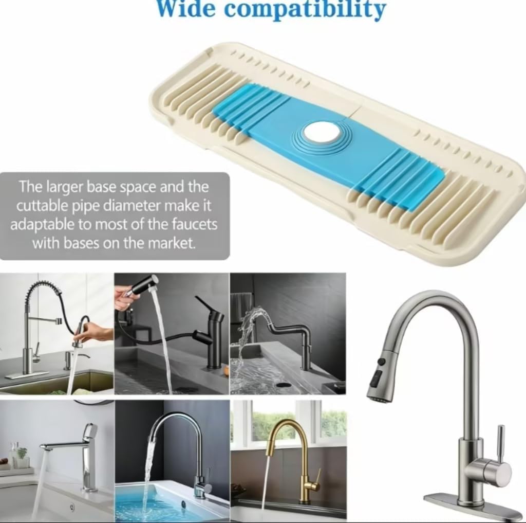 Kingmall 2nd Generation Silicone Faucet Mat, Kitchen Faucet Drip Catcher with Cuttable Circular Center for Kitchen Sink, Tailor-Made for Faucets with Deck Plate, Food Grade Silicone, Light Grey