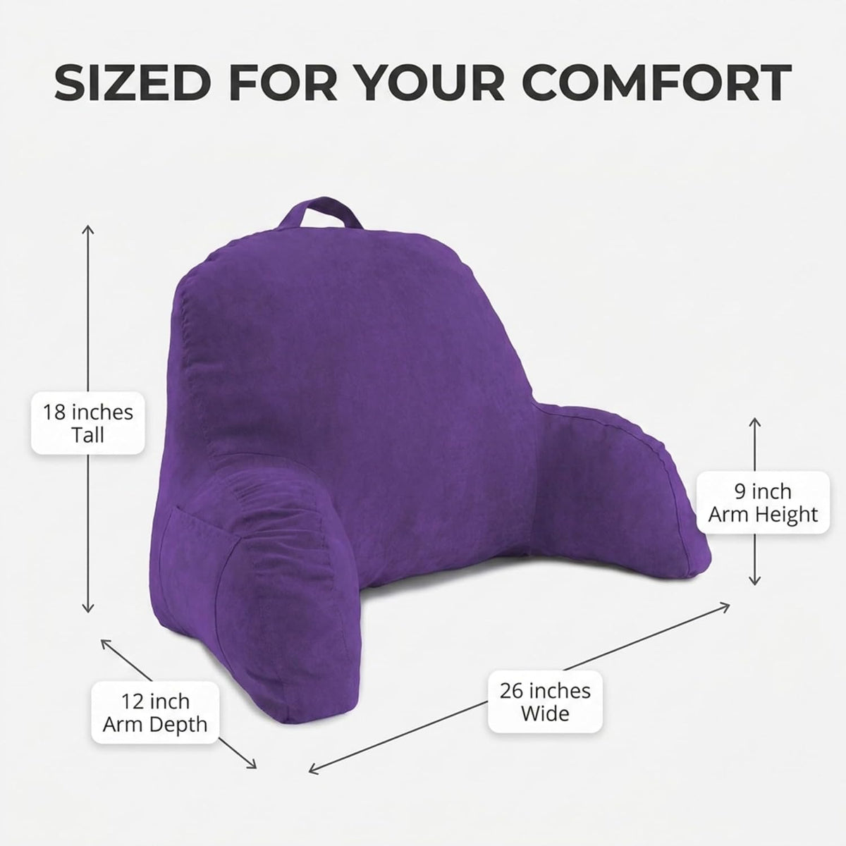 Deluxe Comfort Microsuede Bed Rest - Reading and Bedrest Lounger - Sitting Supprt Pillow - Soft But Firmly Stuffed Fiberfill - Backrest Pillow With Arms, Light Purple
