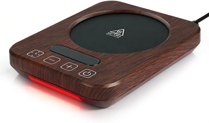 Coffee Mug Warmer, 36W, 120–180°F, 1–12H Timer | 7 heat levels, fast metal heating plate, digital touch control, 8H auto shut-off, wood-grain finish for desk use