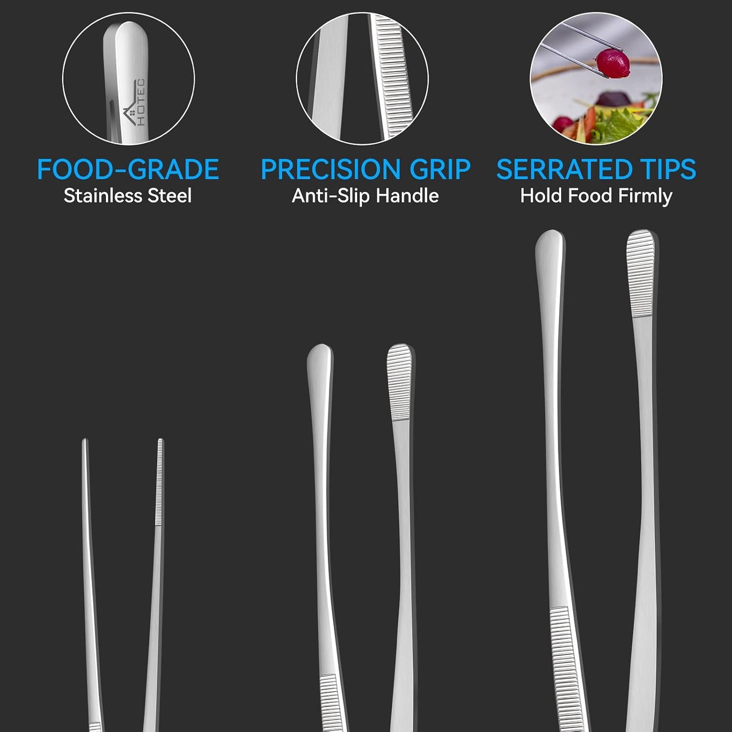 HOTEC Kitchen Tweezers Tongs Stainless Steel, Set of 6 - Professional Cooking Tweezers for Cooking, Chefs, BBQ, Seafood, Baking & Repair