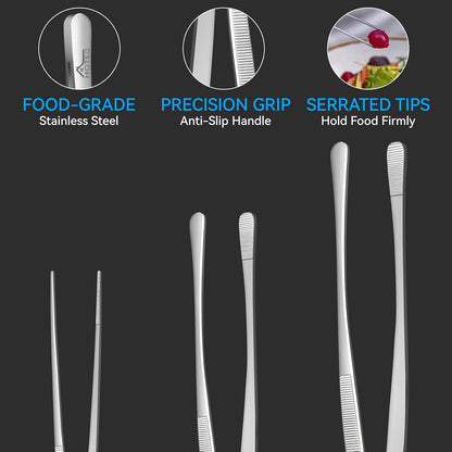 HOTEC Kitchen Tweezers Tongs Stainless Steel, Set of 6 - Professional Cooking Tweezers for Cooking, Chefs, BBQ, Seafood, Baking & Repair