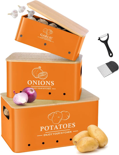 Kitchen Vegetable Storage Set of 3, Metal Onion Garlic Potato Storage Set, Kitchen Canisters Vegetable Keeper Containers with Aerating Holes and Bamboo Lid,Black