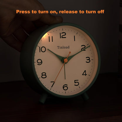 Tinload 4.5" Battery Operated Analog Alarm Clock, Small Silent Bedside Desk Clock with Night Light, Blue