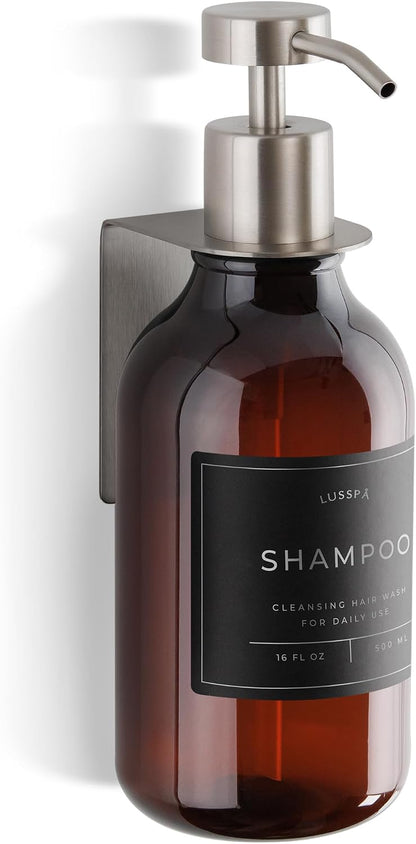Shower Shampoo Dispenser Wall Mounted – 3 Refillable 16.9 oz Clear Bottles with Stainless Steel Pumps & No-Drill Adhesive Holders – Soap Dispenser Set for Bathroom (3 X Clear/Silver)