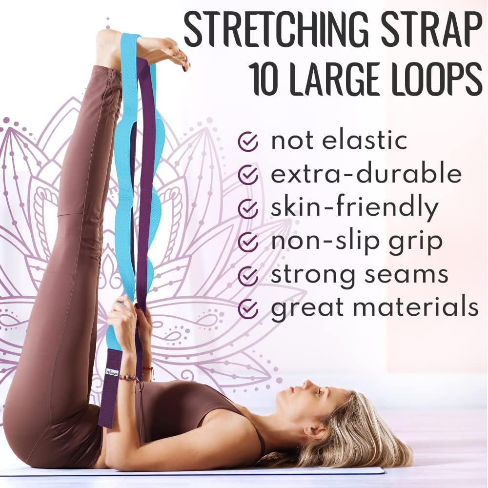 Stretching Strap with 10 Loops for Physical Therapy & Rehab | Non-Elastic Yoga Stretch Band for Hamstring, Leg, Hip & Knee Rehab, Pilates, Flexibility & Mobility Exercises for Men & Women