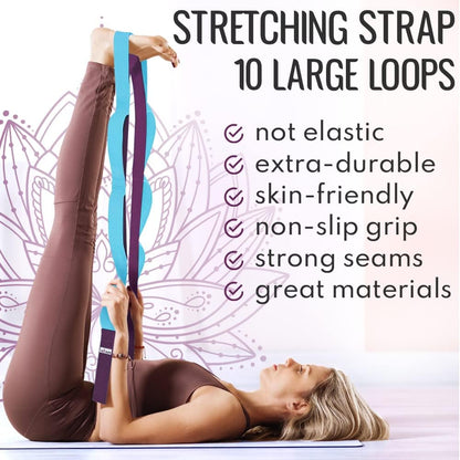 Stretching Strap with 10 Loops for Physical Therapy & Rehab | Non-Elastic Yoga Stretch Band for Hamstring, Leg, Hip & Knee Rehab, Pilates, Flexibility & Mobility Exercises for Men & Women