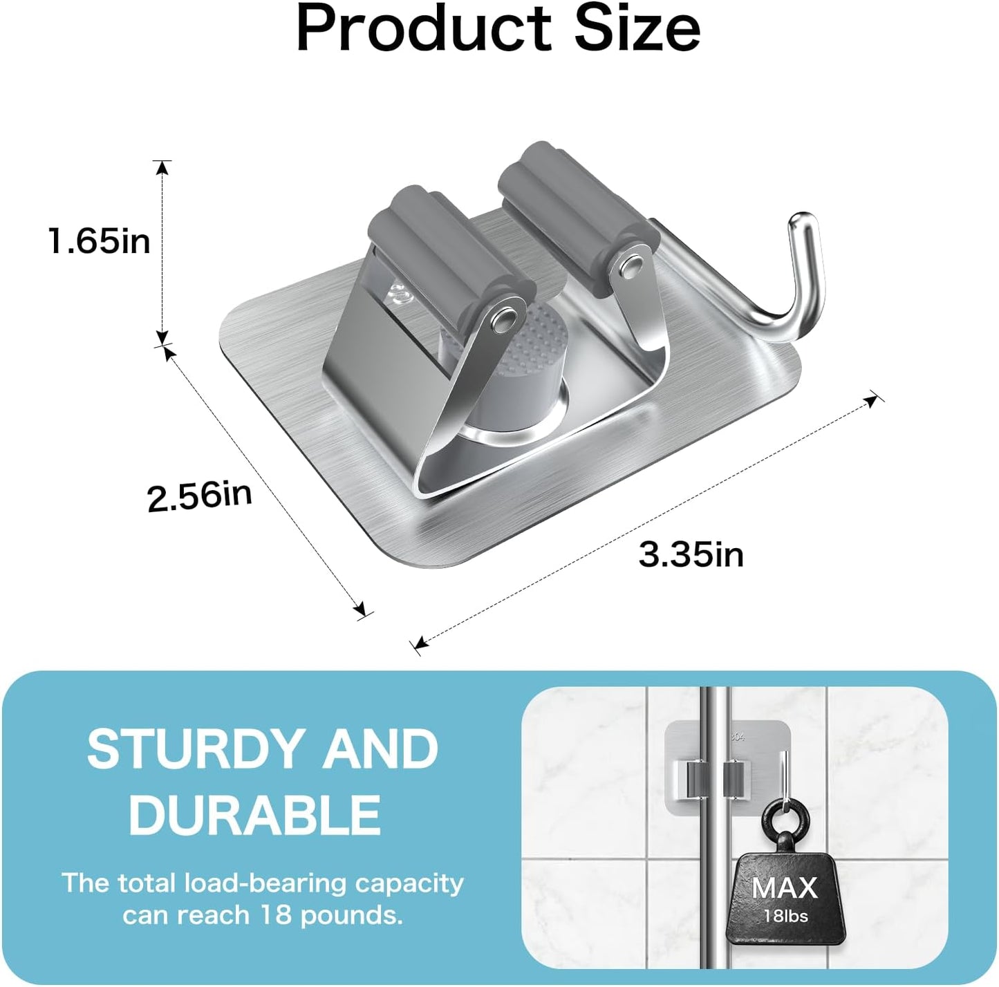nacena 4 Pack No Drill Self Adhesive Broom Mop Holder Wall Mount with Hooks, Heavy Duty Stainless Steel Organizer for Kitchen Bathroom Garage Storage, Black