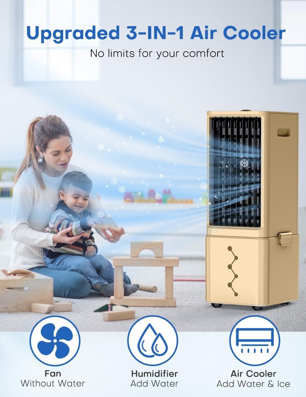 Portable Air Conditioners 4 Modes&3 Speeds,4 Ice Packs, Waterless Alert System, 12H Timer, Remote,1 Gal Detachable Water Tank, 70°Oscillation Windowless Evaporative Air Cooler for Room Office
