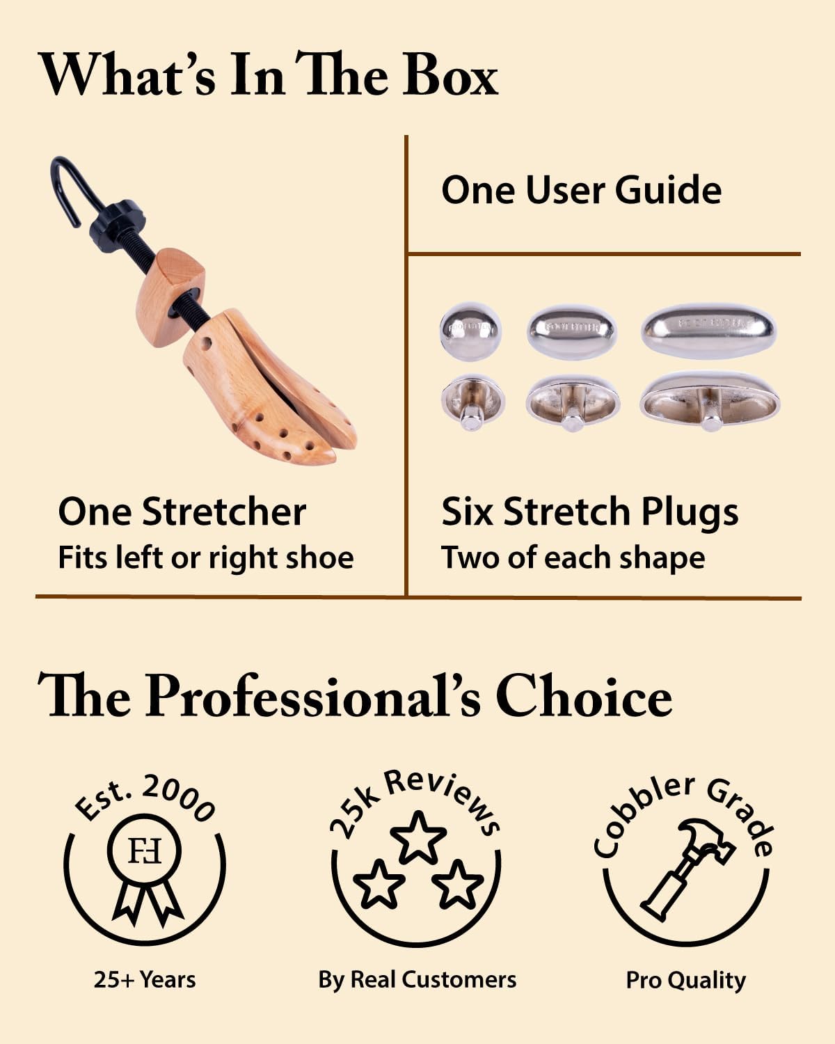 FootFitter Professional 2-Way Shoe Stretcher, Length & Width Expander | Durable Wooden Stretcher Extends Up to ½ a Size, Adds Targeted Stretch for Tight Areas with Metal Relief Spot Plugs