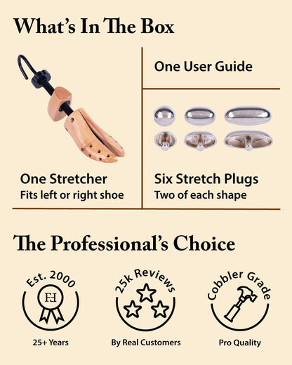 FootFitter Professional 2-Way Shoe Stretcher, Length & Width Expander | Durable Wooden Stretcher Extends Up to ½ a Size, Adds Targeted Stretch for Tight Areas with Metal Relief Spot Plugs