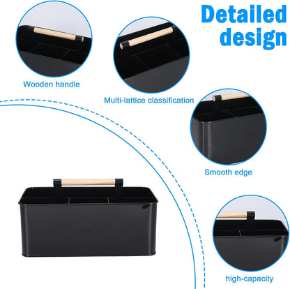 Cleaning Caddy with Handle, Black Metal Supply Organizer | Metal body, 12.8 in caddy, bathroom and under sink storage, wooden handle, divided layout, smooth rounded edges