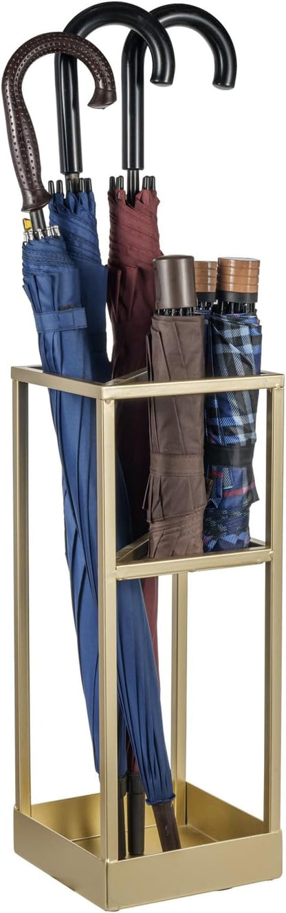 MyGift 20 Inch Brass Tone Metal Umbrella Stand with Drip Tray | Freestanding Rain Gear Storage - Long Short Umbrellas Canes Walking Sticks Entryway Lobby Office Floor Standing Drip Catcher