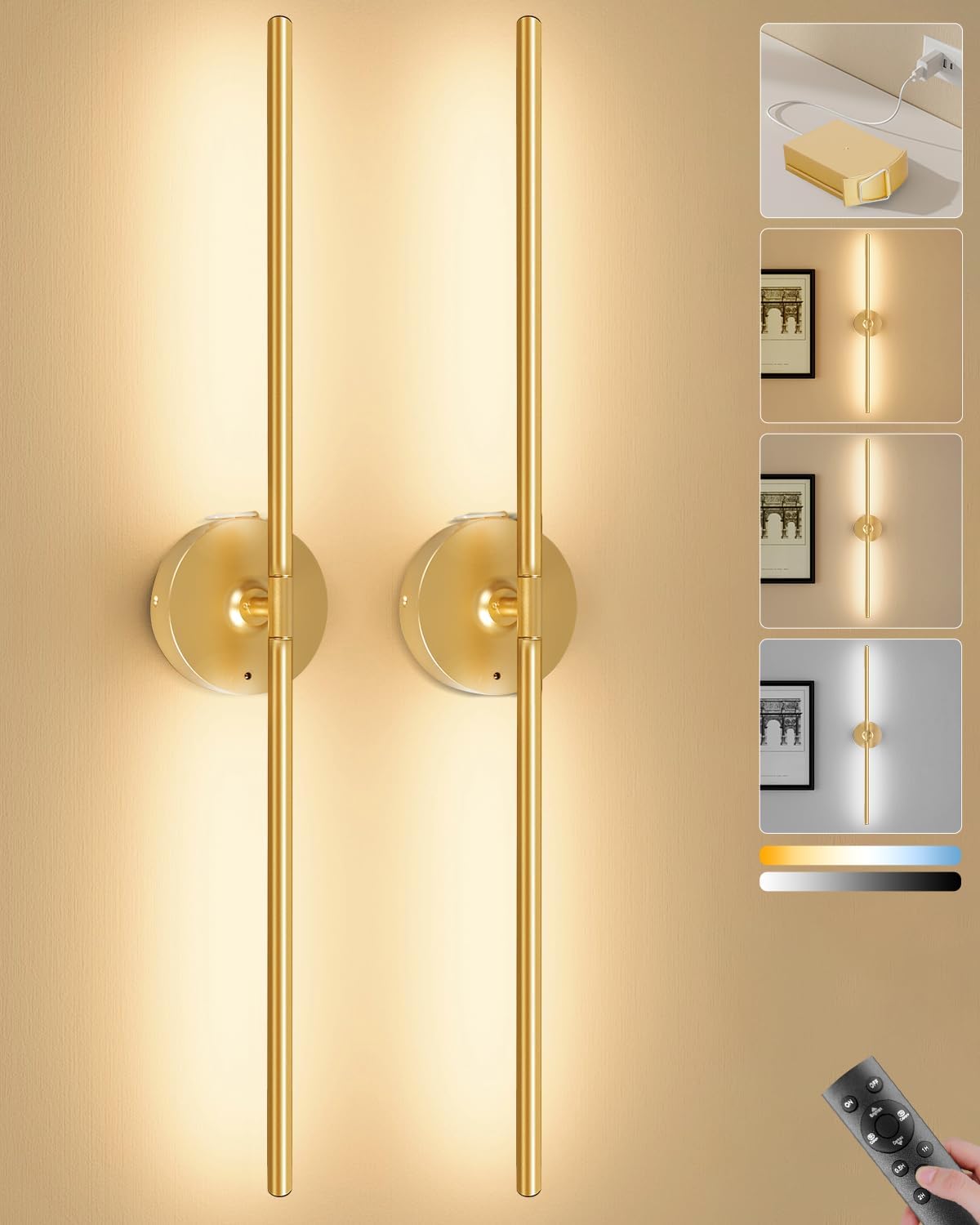 Battery Operated Wall Sconces Set of 2, Remote Control, 10000mAh, Black