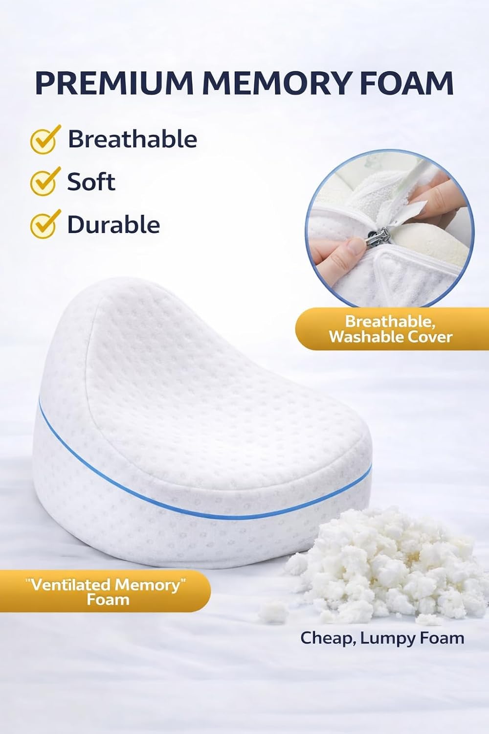 Leg & Knee Memory Foam Pillow for Side Sleepers – Ergonomic Support Cushion for Back, Hip & Sciatica Pain Relief – Spine Alignment & Comfortable Sleep