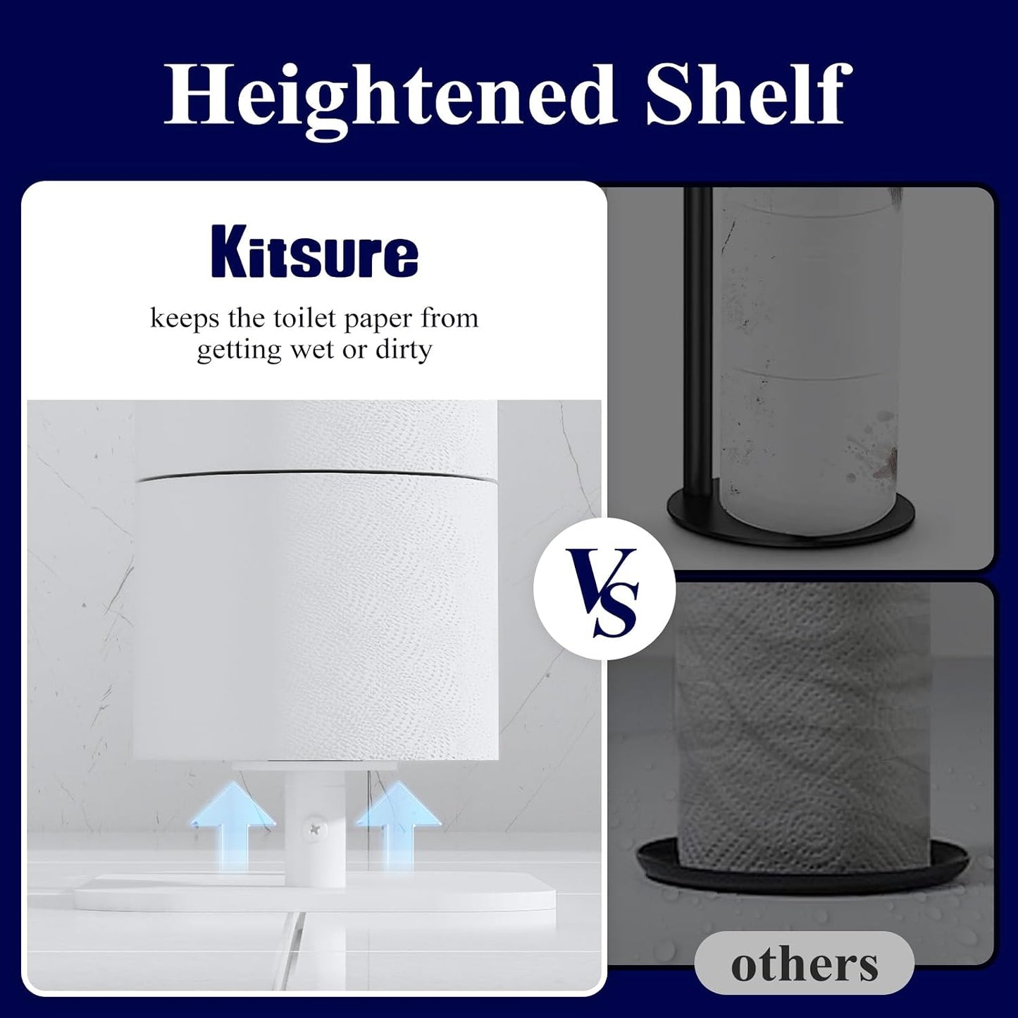 Kitsure Metal Toilet Paper Holder Free Standing, Medium, Black | Rustproof Toilet Paper Stand for 4 Rolls, Bathroom Organizers and Storage with Anti-Slip Base and Plastic Shelf