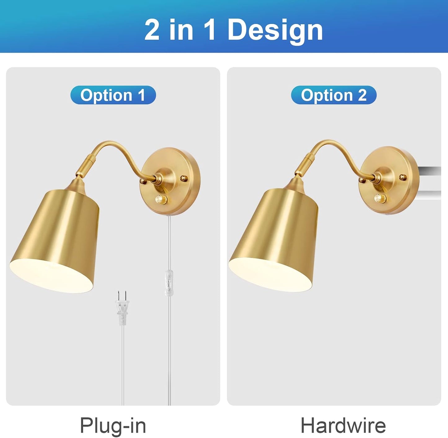 TRLIFE Wall Sconces Plug in, Dimmable Wall Lights with Plug in Cord Adjustable Lighting Angle Wall Mounted Light with On/Off Rotary Switch for Bedside, Bedroom, Over Mirror(2 Pack, 2 Bulbs Included)