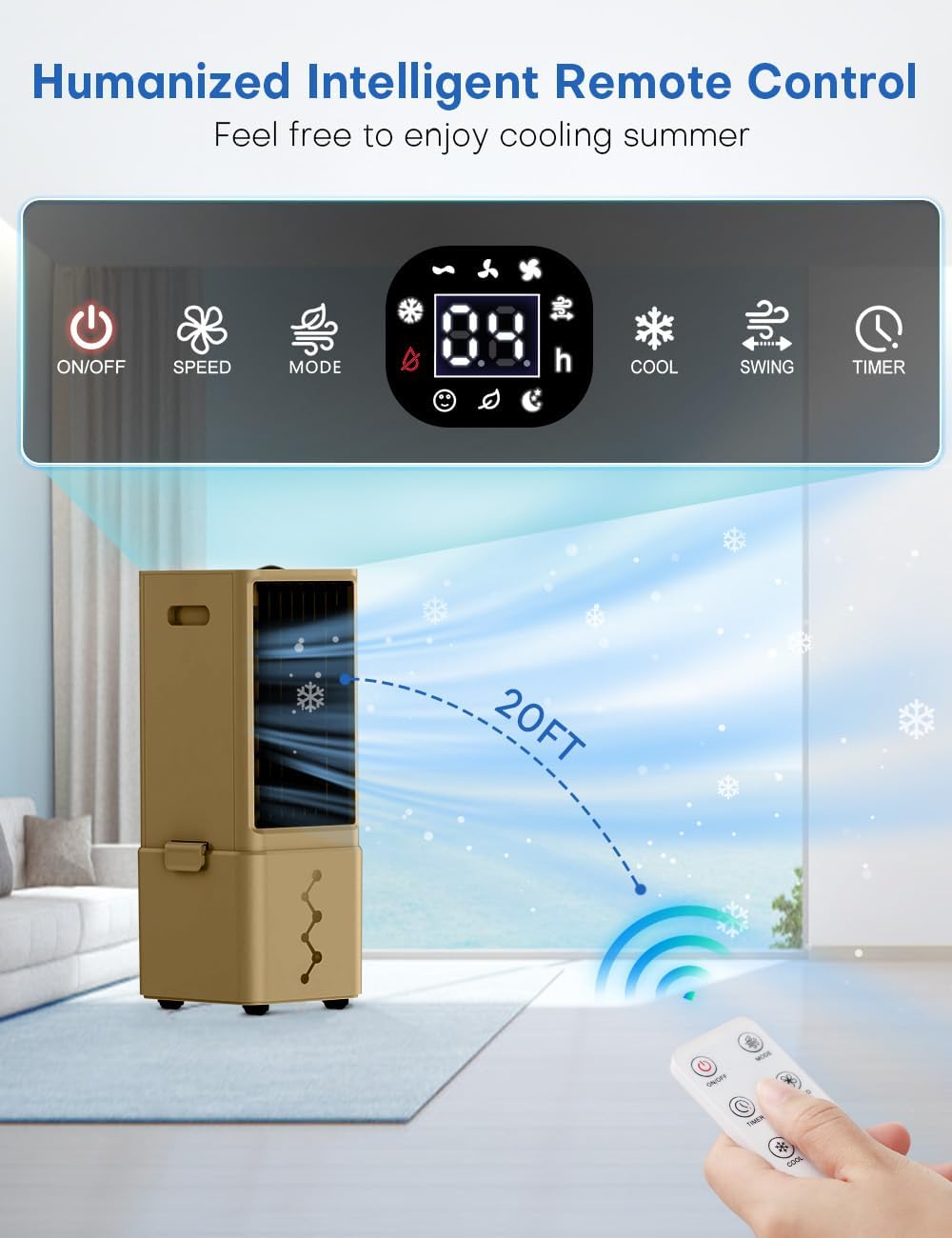 Portable Air Conditioners 4 Modes&3 Speeds,4 Ice Packs, Waterless Alert System, 12H Timer, Remote,1 Gal Detachable Water Tank, 70°Oscillation Windowless Evaporative Air Cooler for Room Office