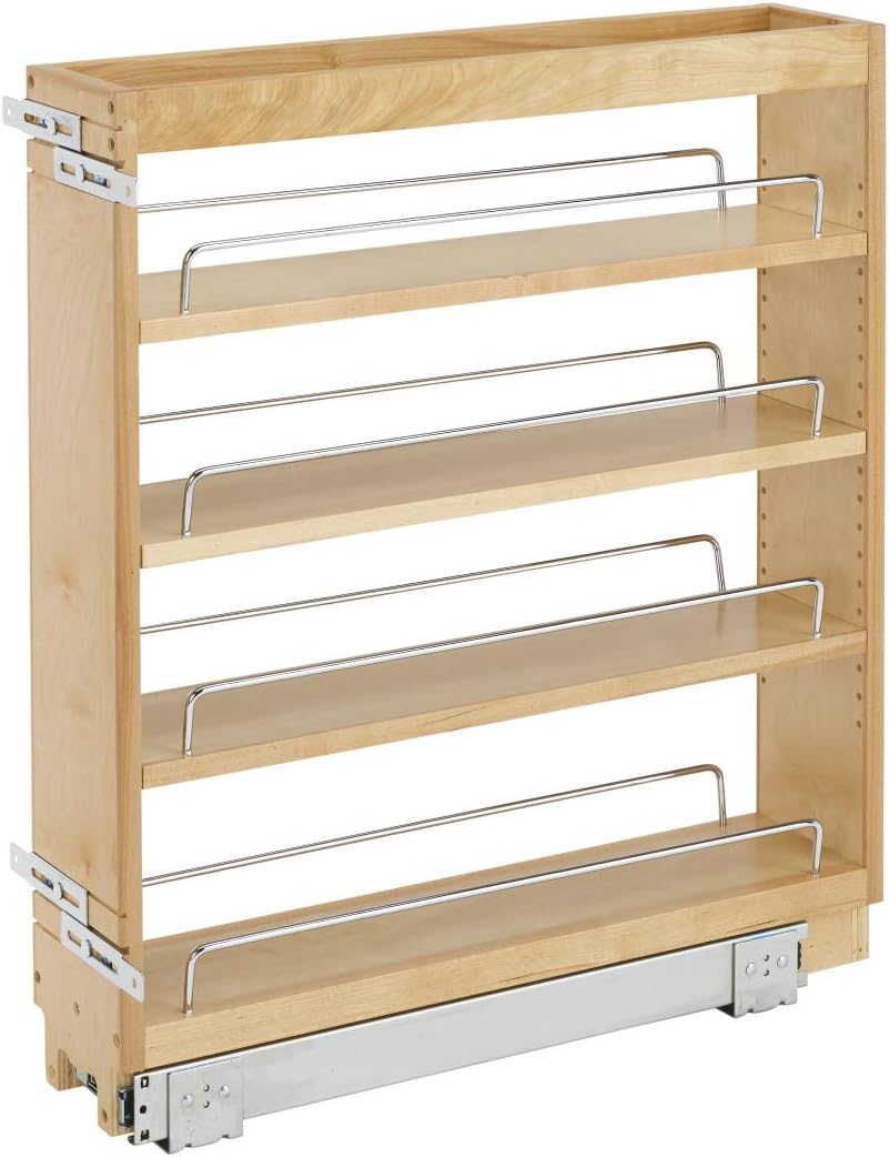 Rev-A-Shelf Pullout Kitchen Cabinet Organizer, Min Cabinet Opening 5.5" W | 5" W Slide Out Pantry Spice or Utensil Storage Rack with Adjustable Shelves for Base Cabinet Organization, 448-BC-5C