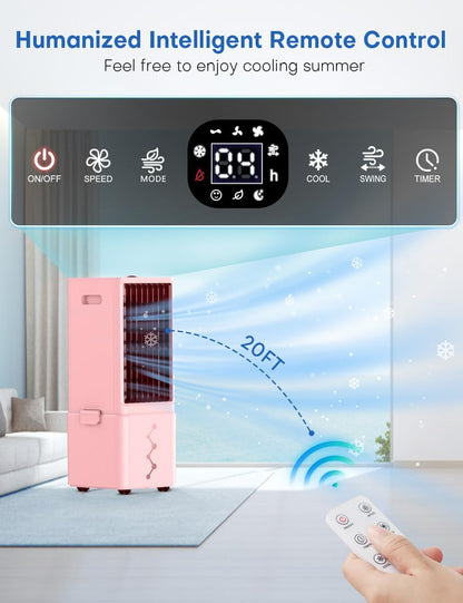Portable Air Conditioners 4 Modes&3 Speeds,4 Ice Packs, Waterless Alert System, 12H Timer, Remote,1 Gal Detachable Water Tank, 70°Oscillation Windowless Evaporative Air Cooler for Room Office