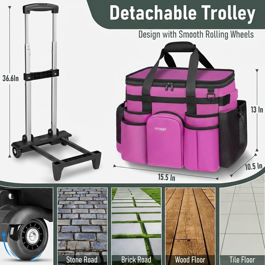 Ytonet Cleaning Caddy with Wheels, Extra Large Rolling Cleaning Caddy Bag | with Detachable Trolley for Housekeepers, Water Resistant Cleaner Supplies Organizer with Wheels for Kitchen, Tool Organizer