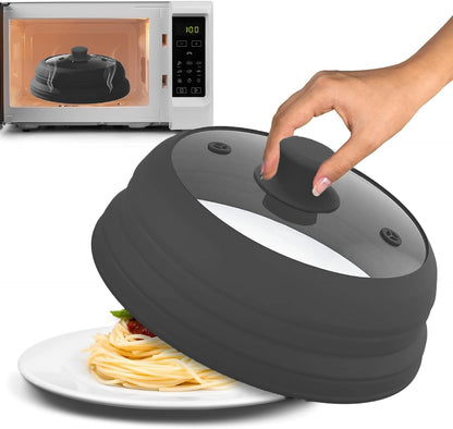 Microwave Splatter Cover Glass 11.8 Inch - Collapsible Microwave Splatter Cover for Plate & Bowl - Tempered Glass Top, Food-Grade Silicone Dome with Heating Vents & Heat-Safe Handle (BLACK)