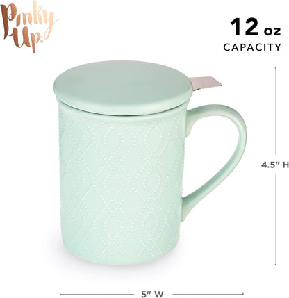 Pinky Up Annette Ceramic Tea Cup with Infuser and Lid, Travel Mug for Loose Leaf Teas, Home Office, Camping, Picnic Party, 12 oz, Set of 1, Honeycomb
