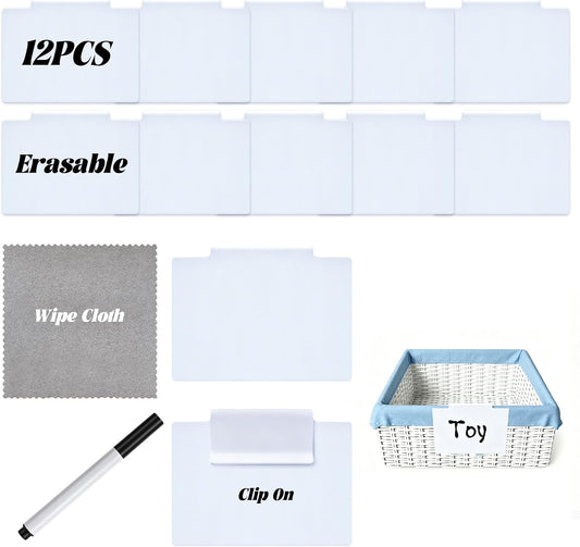 14 Pcs Set of Basket Labels Clip On for Storage Bins | 12 White Removable Bin Labels with 1 Chalk Marker&Wipe Cloth, Hanging Basket Tags for Pantry, Office, Classroom Organization