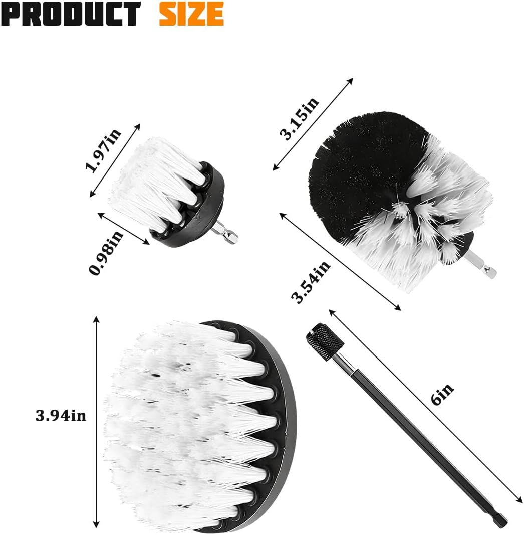 4PCS Drill Brush Attachment Kit with Extension Rod, Red | PP bristles with steel shafts, three brush sizes, quick-change extension rod, follows curved surfaces, compact storage