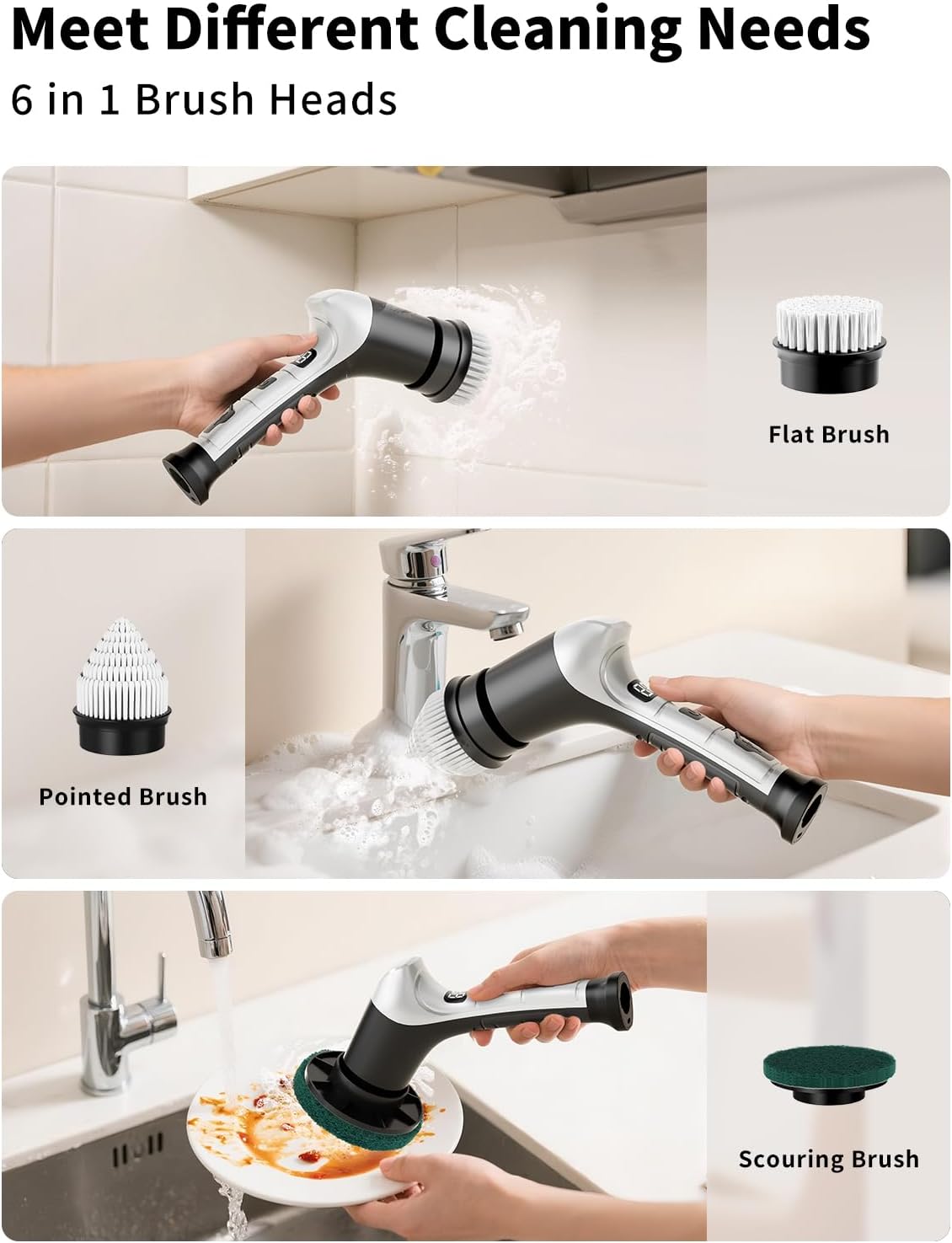 Electric Spin Scrubber, Cordless Household Cleaning Brush with 6 Replaceable Heads, 3 Speeds, LED Display, Lightweight Handheld Power Scrubber for Cleaning Stove/Bowl/Sink/Corner/Tile/Grout-Black