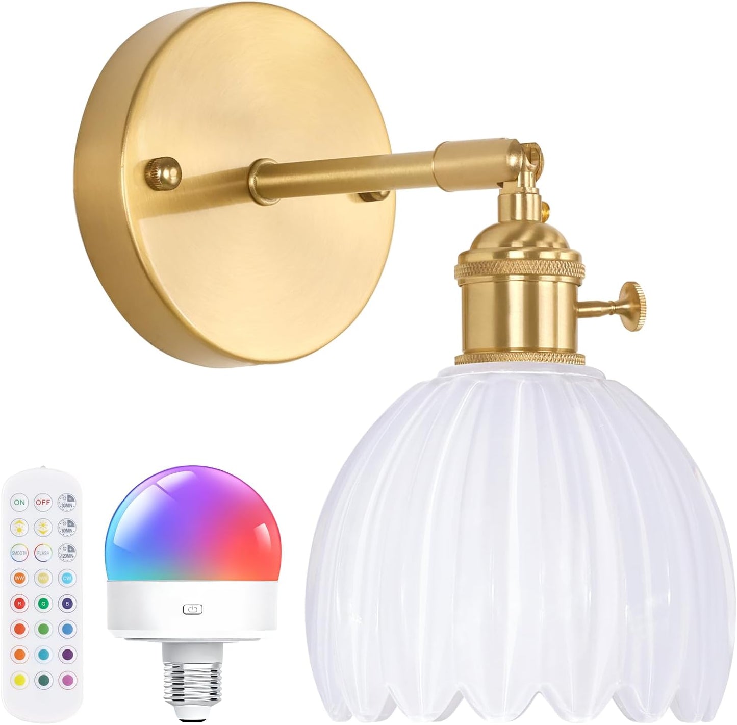 Shenmoyl Vintage Battery Operated Wall Sconce with Green Tulip Glass Lampshade Rechargeable Battery Powered Wall Light with Remote Control for Bedside Bedroom Doorway