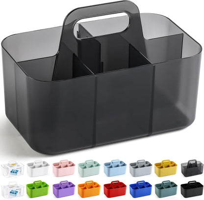 Multiuse Caddy Organizer with Handle, Portable Divided Plastic Tote Bin - Art Craft, Stationary Pen Marker Crayons, Makeup Hair Supplies Storage - Bathroom, Classroom, Dorm, Office, Desk Holder - Grey
