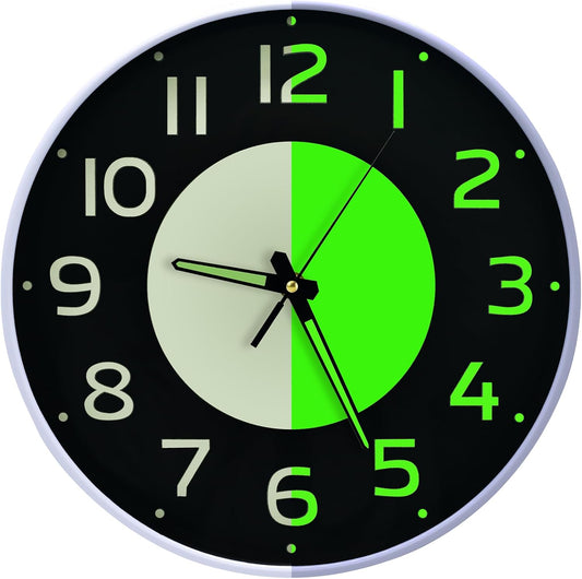 12'' Glow in the Dark Wall Clock,Silent & Easy to Read | Battery Operated Non-Ticking Easy to Install Analog Wall Clocks for Living Room Kitchen Office Bedroom