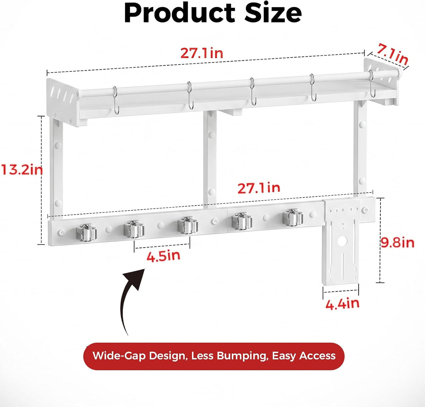 Broom Holder Wall Mount with Shelf, Black, L | 3 in 1 Broom and Mop Organizer, Wall Hanging, For Laundry, Garage, Utility, Vacuum Stand Alternative